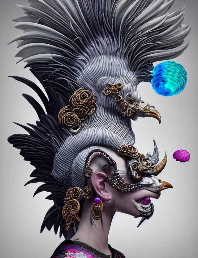 Image similar to 3 d goddess close - up profile portrait punk with mohawk with ram skull. beautiful intricately detailed japanese crow kitsune mask and clasical japanese kimono. betta fish, jellyfish phoenix, bio luminescent, plasma, ice, water, wind, creature, artwork by tooth wu and wlop and beeple and greg rutkowski