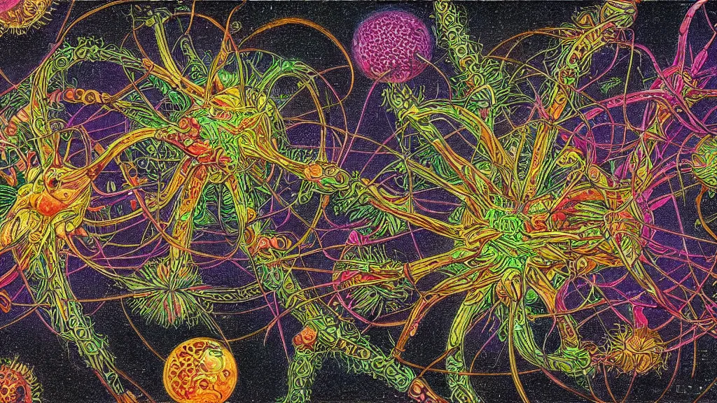 Image similar to quantum connections represented as symbiotic organisms like cells playing around with colorful lights by ernst haeckel, prismatic view