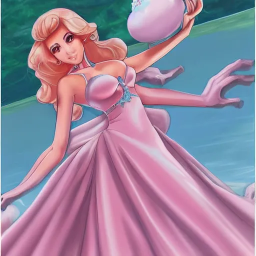 Image similar to beautiful princess peach in a skintight pink satin prom dress on the beach drawn by artgerm