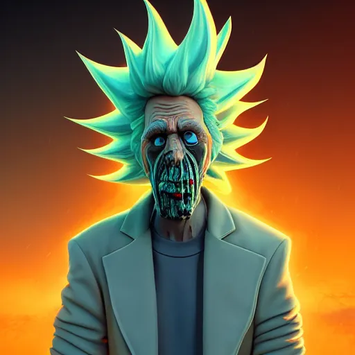 Image similar to apocalyptic rick sanchez portrait with twisted ribbed face by rutkowsky and charles vess and james jean and erik jones and rhads, baroque, 3 d octane render, beautiful fine face features, intricate high details, sharp, ultradetailed