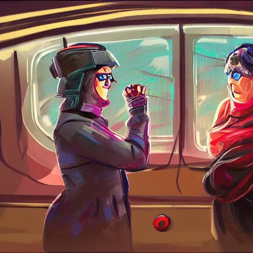 Image similar to fight between grandmas in the train moscow-ryazan, cyberpunk, neon, concept art