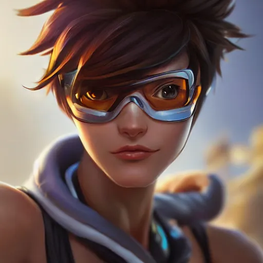 Prompt: a highly detailed portait of tracer from overwatch in a bikini, digital art, pretty face, muscular, very beautiful face, very detailed eyes, 8 k resolution, by wlop, greg rutkowski, full body