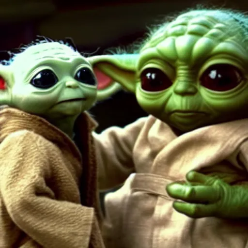 Image similar to a film still of baby yoda's kid talking to the spirit of yoda in star wars realistic, detailed