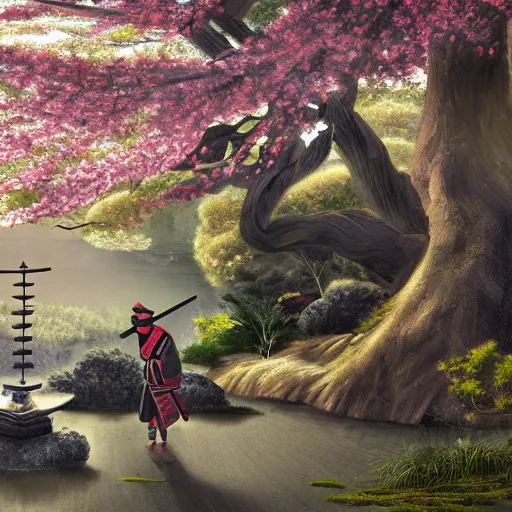 Image similar to samurai, cherry blossom, japanese temple, landscape, wide angle, digital art, irina french, heraldo ortega, mandy jurgens, golden ratio, art canvas, award winning, masterpiece trending on artstation 8 k 1 5 0 mpx