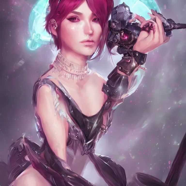 Prompt: fantasy magical fashion girl portrait, cyberpunk, league of legends, short hair, fantasy, intricate, androgynous, highly detailed, digital painting, artstation, concept art, smooth, sharp focus, illustration