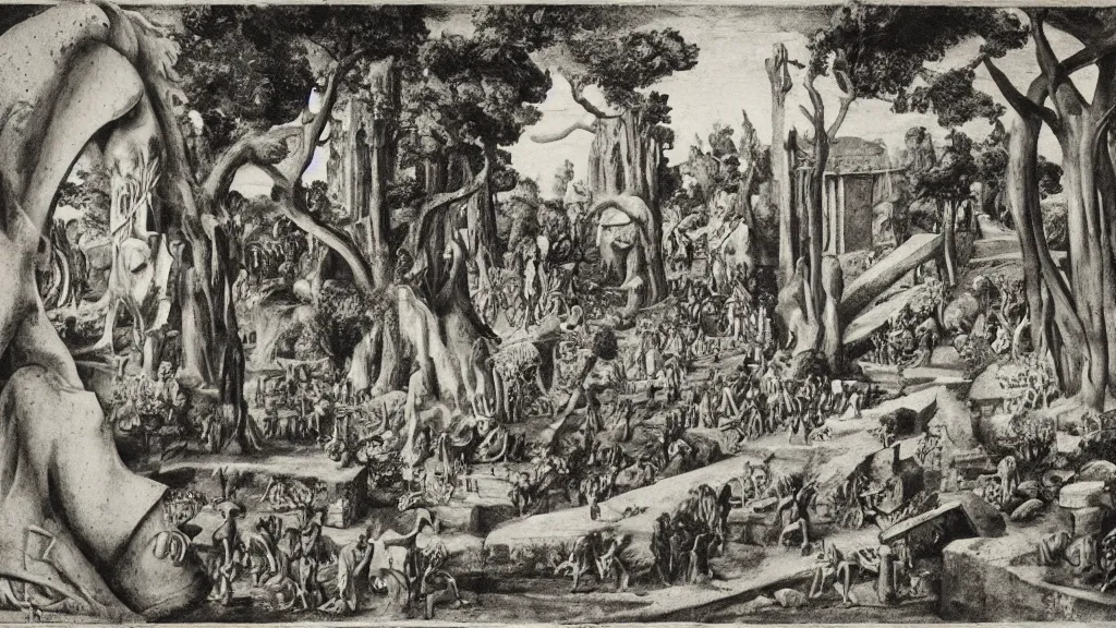 Prompt: a medieval chiaroscuro lithograph of a colossal sculpture garden by kurt seligmann and edward steichen, the merely beautiful bore me to death