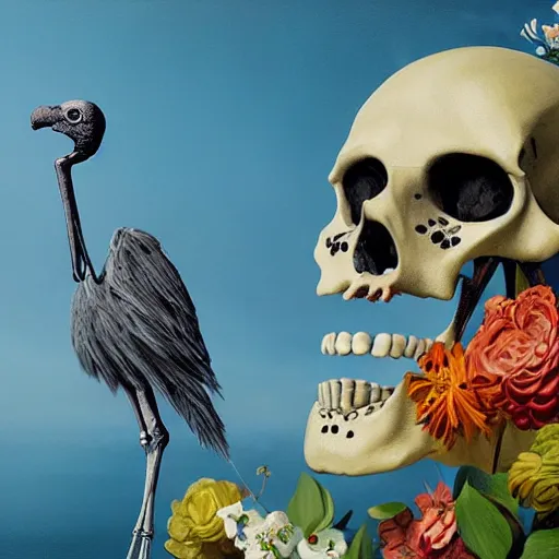 Prompt: a painting of a skeleton with a bird on its shoulder, a digital painting by Chris LaBrooy, cgsociety, vanitas, made of flowers, poster art, rendered in cinema4d