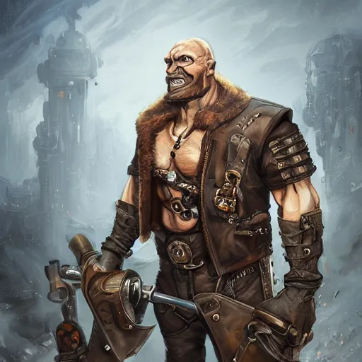 Image similar to portrait of a muscular, grim, bald orc mechanic, wearing a heavy brown leather coat, wielding a wrench, steampunk setting, gears, airship on the background, dramatic lighting, high detail, digital art by Rossdraws