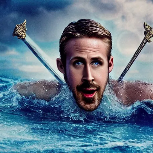 Image similar to screaming Ryan Gosling as Poseidon with trident and crown on head, the king of the sea, ready to fight, matte painting, dark colors