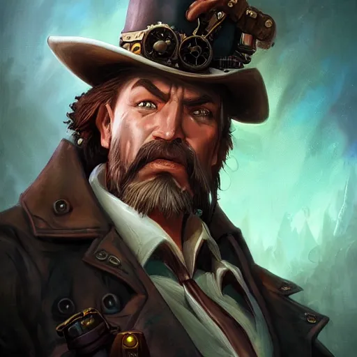 Image similar to Portrait of a steampunk detective in World of Warcraft, cover art, ultra wide lens shot, pretty, beautiful, DnD character art portrait, matte fantasy painting, DeviantArt Artstation, by Jason Felix by Steve Argyle by Tyler Jacobson by Peter Mohrbacher, cinematic lighting, unreal engine, octane render, realistic lighting