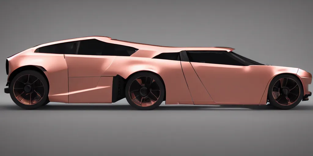 Image similar to a design of a futuristic DMC Delorian, designed by Polestar, blade runner background, back view, rose copper car paint with white line accent detailing, black windows, sportscar, black show room, dramatic lighting, octane rendering, unreal engine rendering, hyper realistic render, depth of field, octane rendering