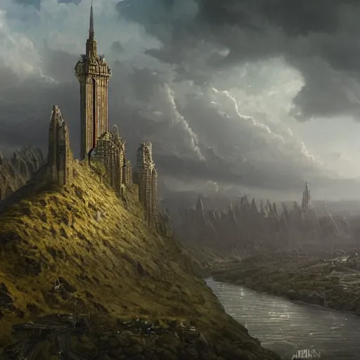 Image similar to an ultra detailed matte painting of a lonely and impossibly tall ominous dark tower elevated high above the city, on an isolated plateau island in a river elevated high above the city fortress tower, fantasy capital city, ultrawide lense, aerial photography, volumetric lighting, exquisite detail, 8 k, art by artgerm and greg rutkowski and alphonse mucha