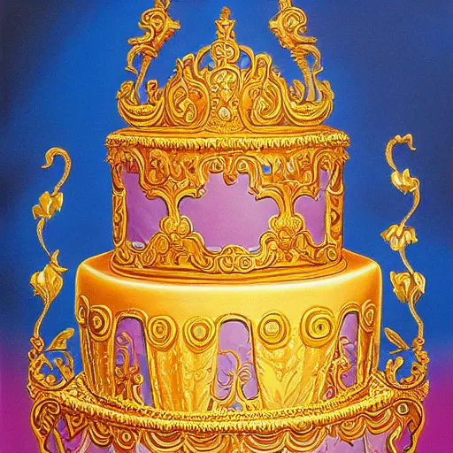 Prompt: painting of a regal baroque cake by greg hildebrandt