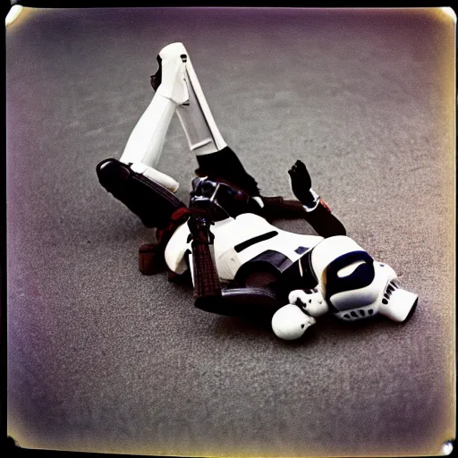 Prompt: Polaroid photo, cinematic tone, stormtroopers lying on his back on the floor, cluttered 80s American room