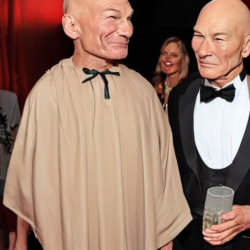 Prompt: patrick stewart drinking alcohol dressed in gown