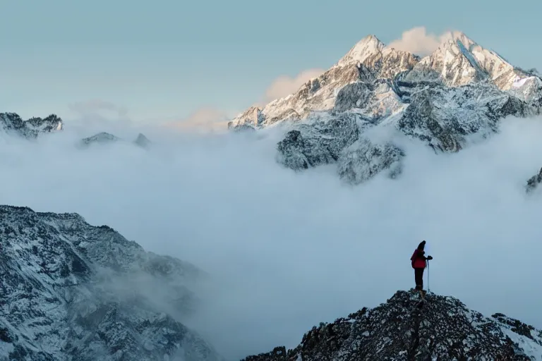 Image similar to taking from above, snowcapped mountain with lots of fog and there was a giant on the top of the mountain. high detail, photorealistic, good lighting, unbelievable.