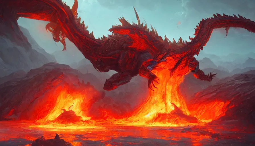 Prompt: a beautiful digital fantasy concept art of a giant robotic dragon sitting on a molten rock, concept art by greg rutkowski, highly detailed, oil on canvas