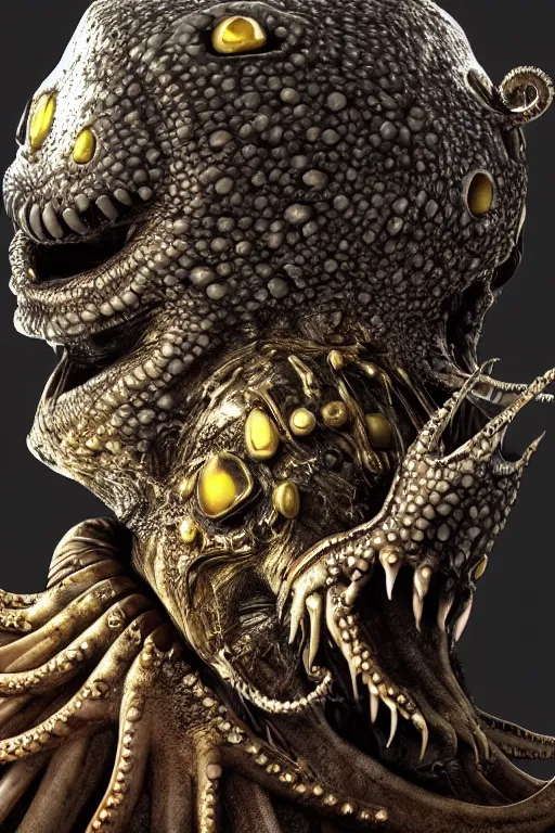 Image similar to a spectacular wideangle photorealistic, detailed closeup portrait of angry giger alien with a octopus head and golden jewelery, digital art