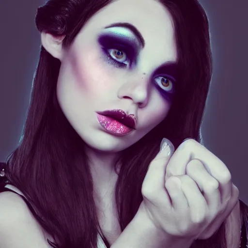 Image similar to beautiful grumpy girl, portrait, ice magic, dark hair and makeup, hand drawing, colour