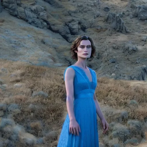 Image similar to Kiera Knightley as Dolores in Westworld (2018), blue dress, film still