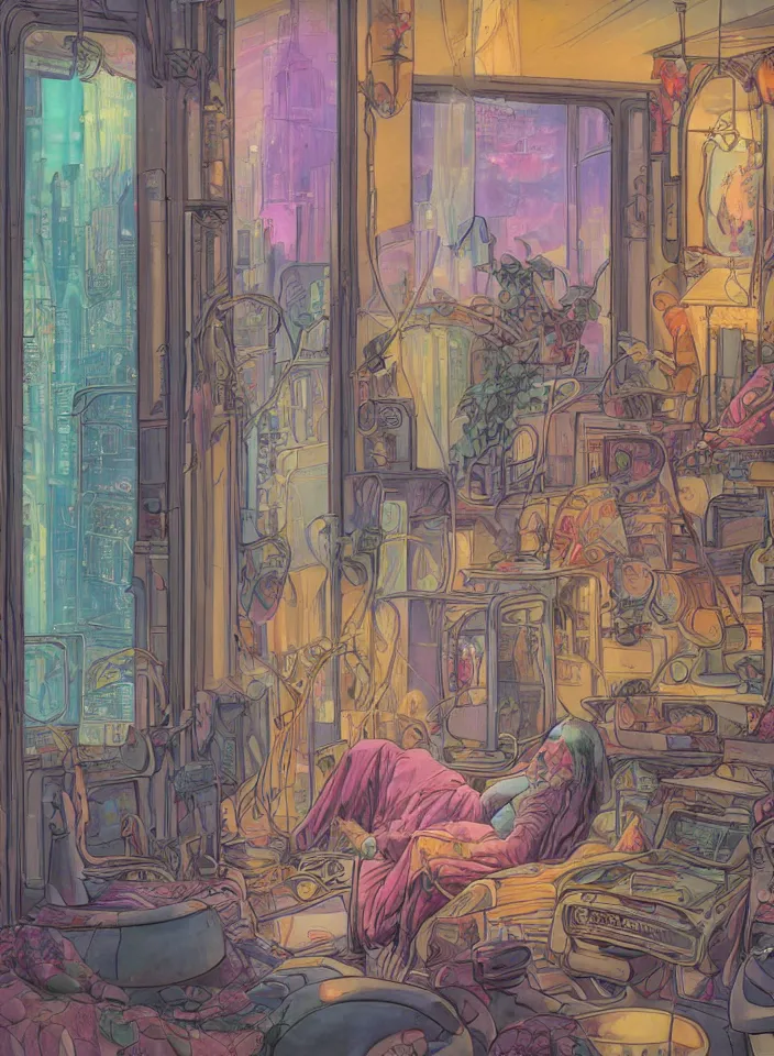 Image similar to telephoto 7 0 mm f / 2. 8 iso 2 0 0 photograph depicting the feeling of chrysalism in a cosy safe cluttered french sci - fi ( ( art nouveau ) ) cyberpunk apartment in a pastel dreamstate art cinema style. ( person relaxing living room ) ( ( fish tank ) ), ambient light.