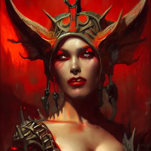 Image similar to very attractive demon queen with red eyes painting by gaston bussiere, craig mullins, luis rollo, torso portrait, digital painting, highly detailed, artstation, sharp focus, illustration, concept art, hd