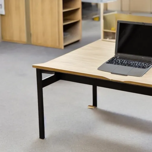 Prompt: a modern concept of a computer table made of wood and metal