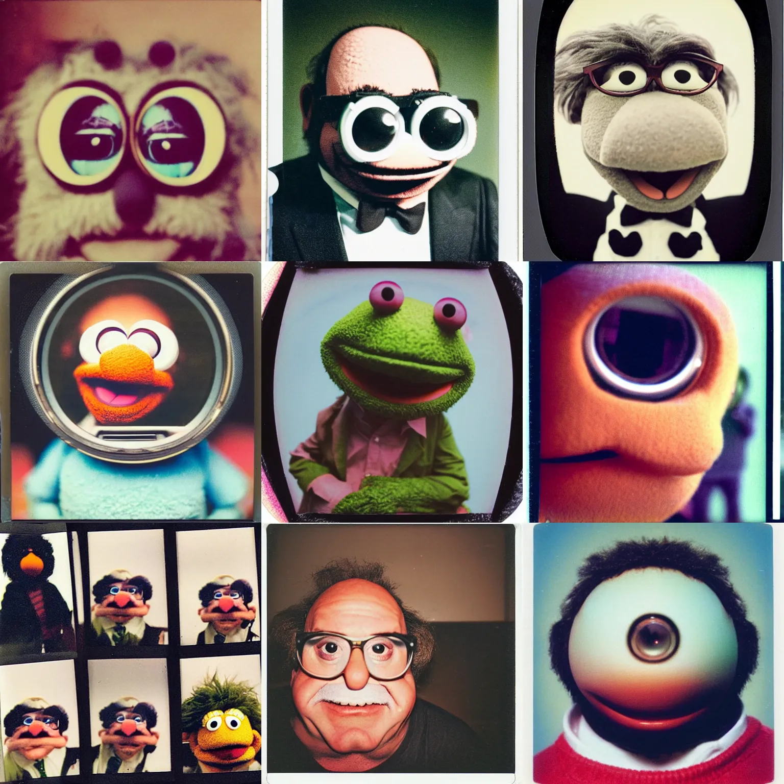 Prompt: a polaroid photograph of a muppet that looks like Danny DeVito, fisheye lens