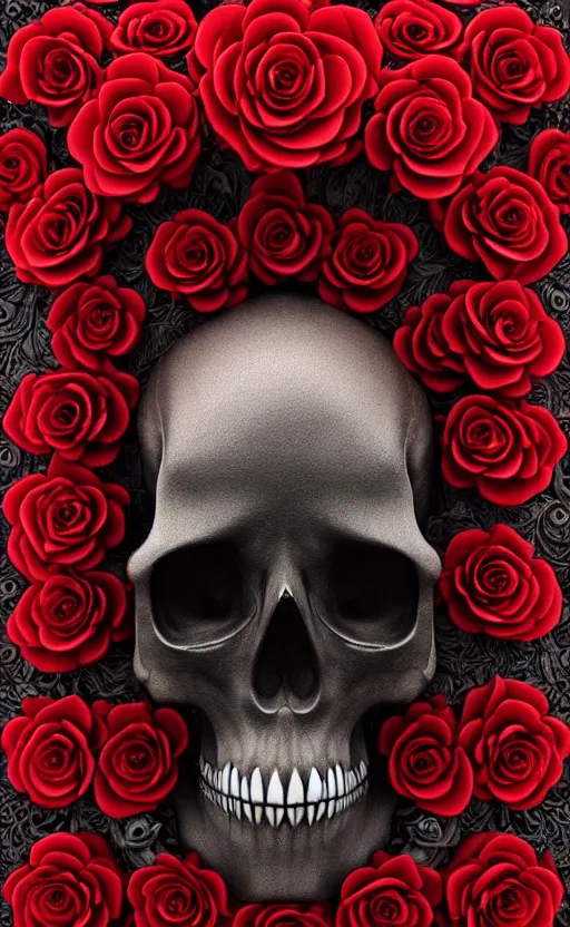 Image similar to skull made of red roses, organic horror, devil, death, giger, epic, baroque, art nouveau, james jean, photorealistic render, 3 ds max, v - ray, extremely detailed and intricate, center composition, elegant, vfx, unreal engine 5, octane render, extremely contrast, extremely sharp lines