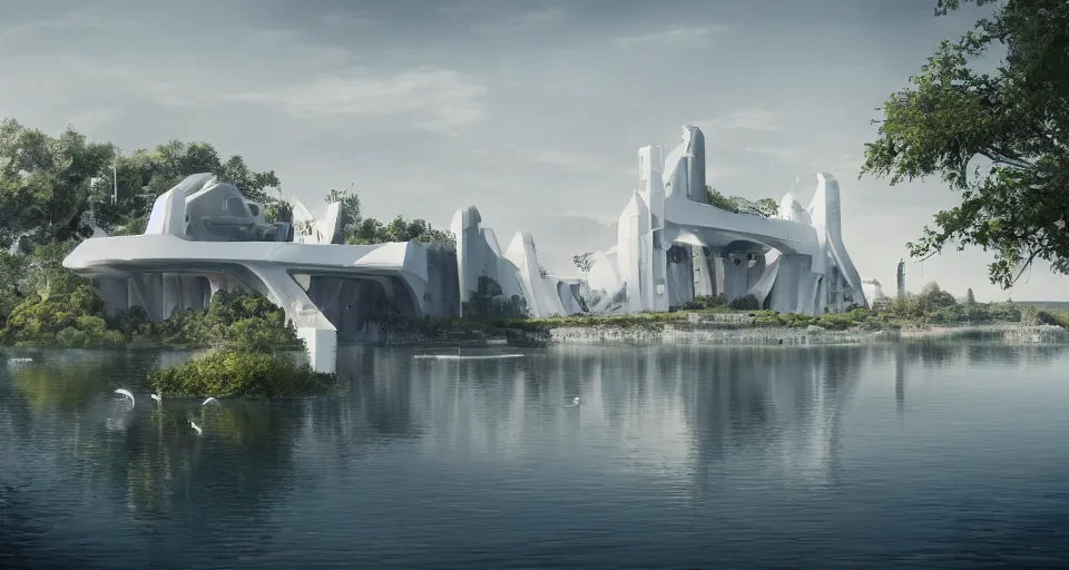 Prompt: elegant sci - fi castle with white walls in the middle of a lake overlooking a sleek futuristic city surrounded by greenery, luxurious, sunny day, cinematic, expansive, artstation trending, matte painting, concept art