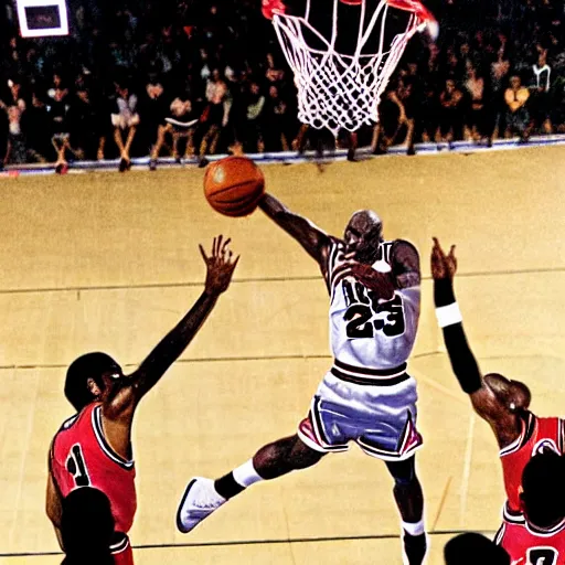 Prompt: Michael Jordan dunking a basketball from half-court by Ryuichi Ogino
