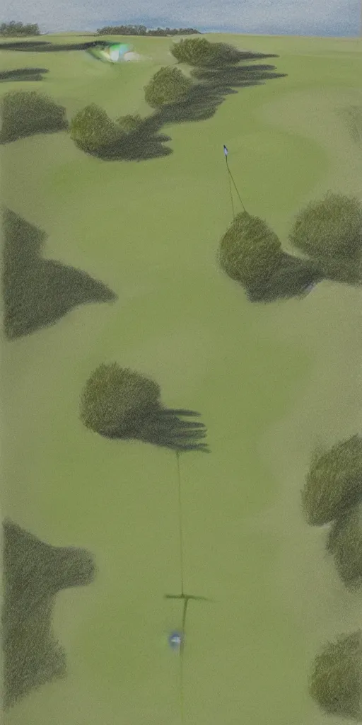 Prompt: top down pencil and oil drawing of a golf course, minimalistic, flat, high res