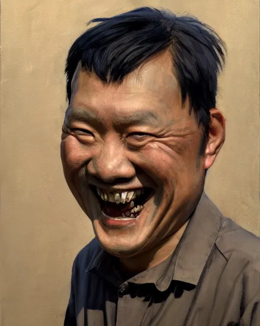 Image similar to greg manchess portrait painting of smiling creepy asian middle age man, sitting on moped motorbike burning on fire, medium shot, asymmetrical, profile picture, organic painting, sunny day, matte painting, bold shapes, hard edges, street art, trending on artstation, by huang guangjian and ail elvgren and sachin teng