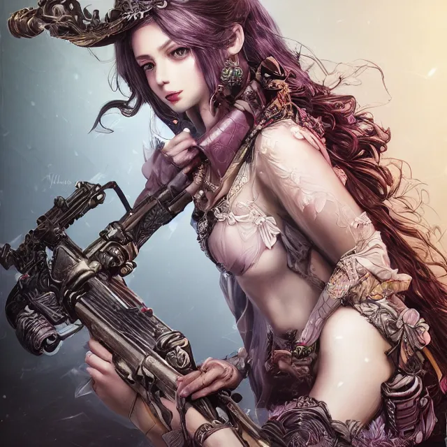 Image similar to the portrait of lawful neutral semi - colorful female hunter socialite as absurdly beautiful, gorgeous, elegant, young gravure idol, an ultrafine hyperdetailed illustration by kim jung gi, irakli nadar, intricate linework, bright colors, octopath traveler, final fantasy, unreal engine 5 highly rendered, global illumination, radiant light, detailed and intricate environment