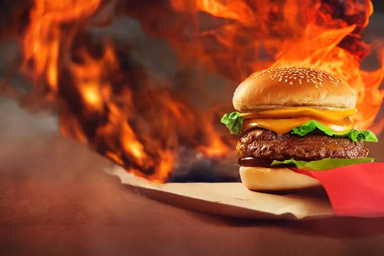 Image similar to mcdonalds hamburger on fire, commercial photography