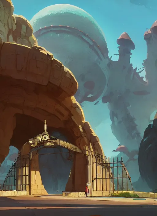 Image similar to warm canyon with giant gate entrance, nuclear powered, detailed, futuristic, cory loftis, james gilleard, atey ghailan, makoto shinkai, goro fujita, studio ghibli, rim light, exquisite lighting, clear focus, very coherent, plain background