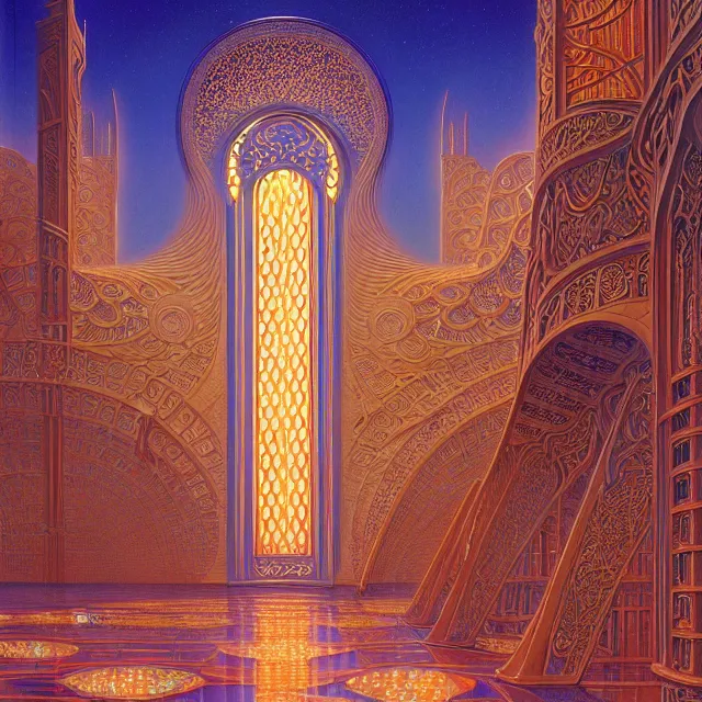 Prompt: the gates of heaven, beautiful delicacy, light technology, flowing arab art nouveau architecture, repeating patterns, tim hildebrandt, wayne barlowe, bruce pennington, donato giancola, trending on artstation, cinematic composition, beautiful lighting, hyper detailed, 8 k, oil on canvas