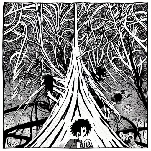 Prompt: black and white trippy comic art of a guy selling trees, lots of leaves, drawn by Martin Rowson, Tim Burton, Studio Ghibli, Alex Pardee, Nekro Petros Afshar, James McDermott, cgsociety 4K