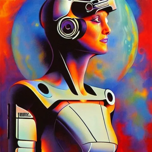 Image similar to futurist cyborg duchess, perfect future, award winning art by alan bean, sharp color palette