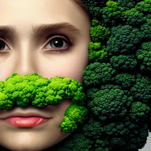 Image similar to anthropomorphic broccoli with an elizabeth olsen face, trending on artstation, 4 k quality, intricate