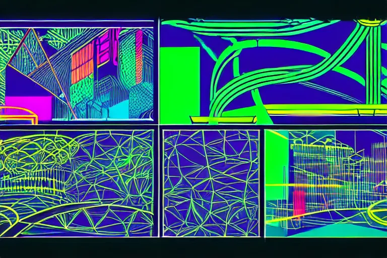 Prompt: art nouveau, fauvism, neon geometric inks, cyberpunk, fantasy landscape, wireframe datascape village.