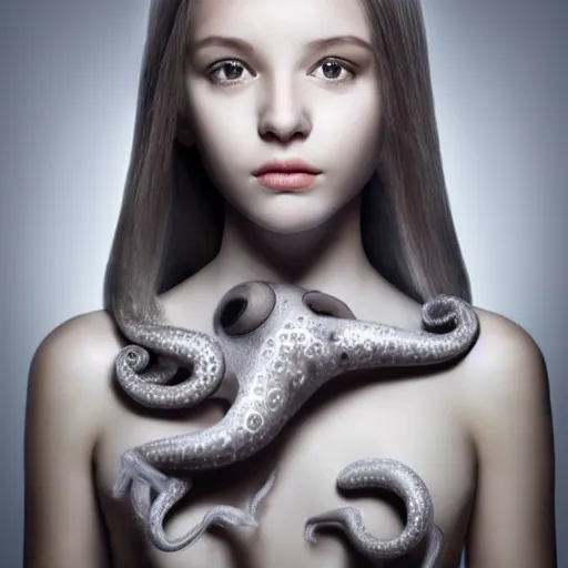 Image similar to A girl with a gray octopus for hair, very young and beautiful face, silver eyes, HD, hyper realistic