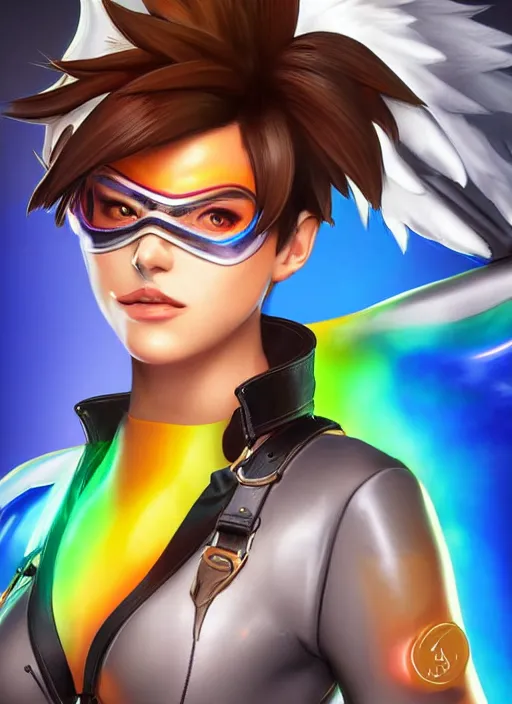 Image similar to portrait bust digital artwork of tracer overwatch, wearing iridescent rainbow latex and leather straps catsuit outfit, expressive face, makeup, in style of mark arian, angel wings, wearing detailed leather collar, chains, black leather harness, detailed face and eyes,