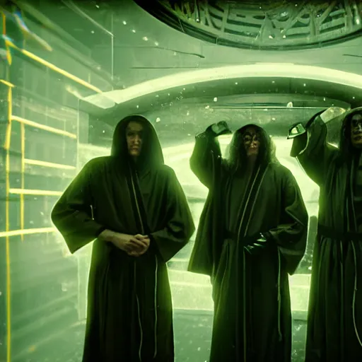 Image similar to electric warrior monks, robed, cyberpunk cathedral, special effects, neon, cyberpunk, realistic, cinematic style, visually stunning, 35mm, film post process