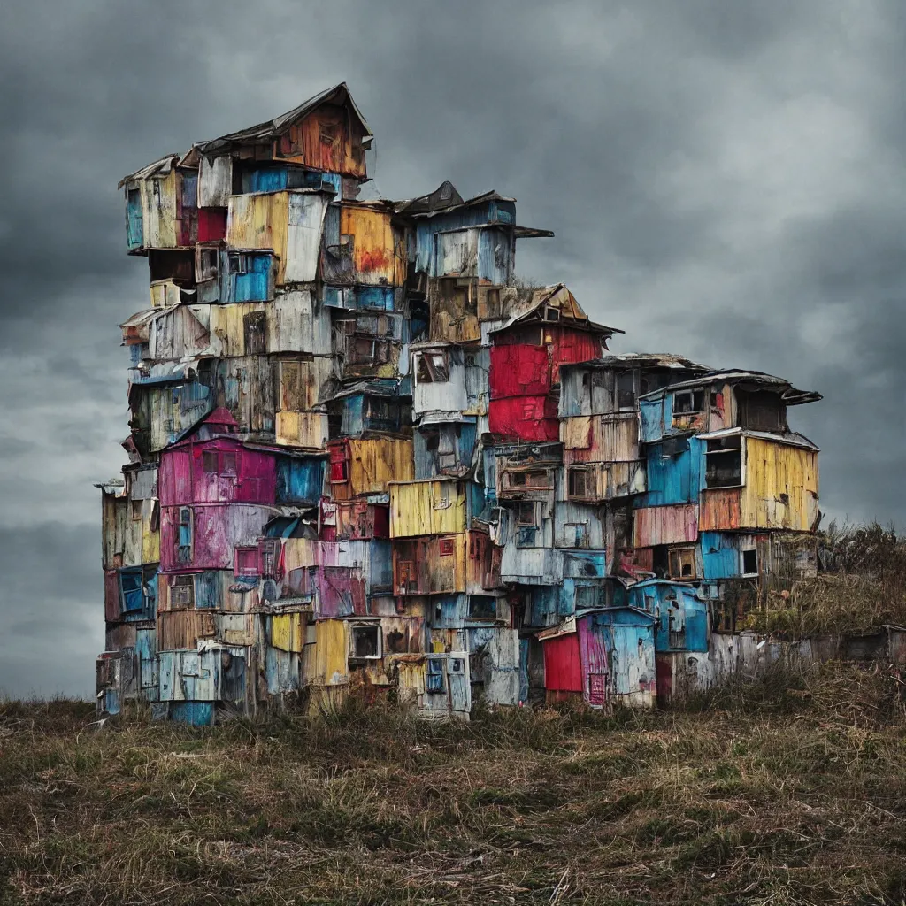 Image similar to a tower made up of colourful makeshift squatter shacks, bleached colours, moody cloudy sky, dystopia, mamiya, very detailed, photographed by cristina de middel