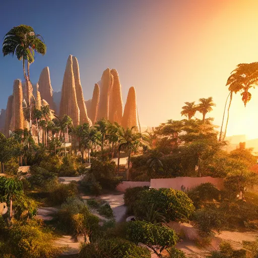 Prompt: photo of vertical golden tower, stacked ancient village, arid mountains and lush palm forest, photo realism, sharp focus, octane, golden hour