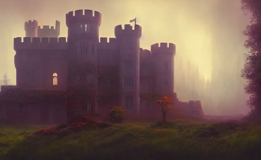 Image similar to an old english castle covered by plants with moody and cinematic lighting by greg ruthkowski and simon stalenhag jama jurabaev, cinematic and atmospheric, concept art, artstation, trending on artstation