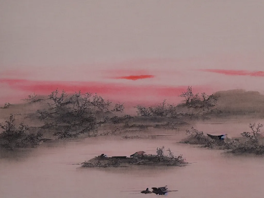 Image similar to rosy clouds fly with lone mallards side by side, autumn waters blend into the hues of th'vast sky, sunset, cinematic landscape ， on a snowy day, natural light, ink painting, traditional chinese painting, by xu beihong