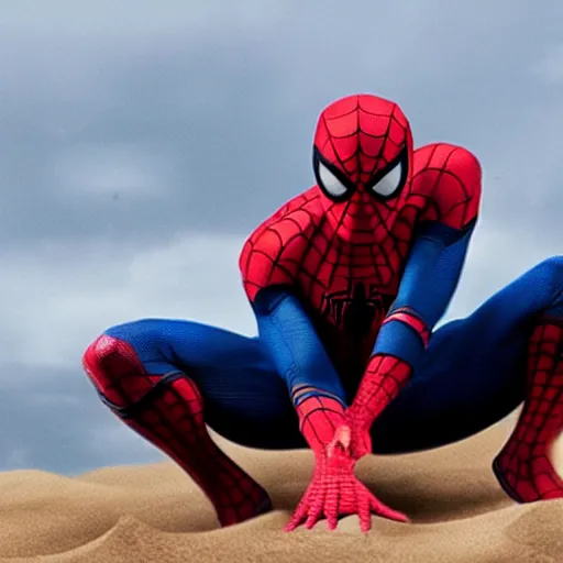 Image similar to cinematic scene of Spiderman slowly becoming sand , shocking