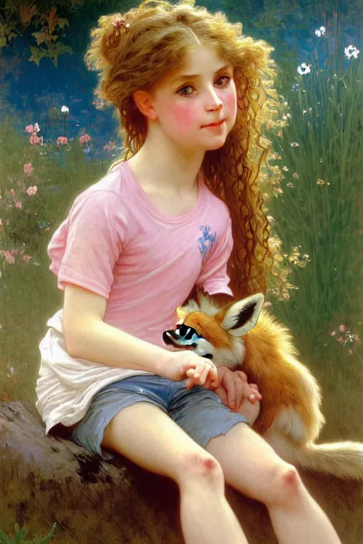 Prompt: a seven - year old freckle - faced girl with long curly dirty blonde hair, blue eyes, tan skin a pink tee shirt and shorts, playing with a fox, painting by daniel gerhartz, alphonse mucha, bouguereau, detailed art, artstation